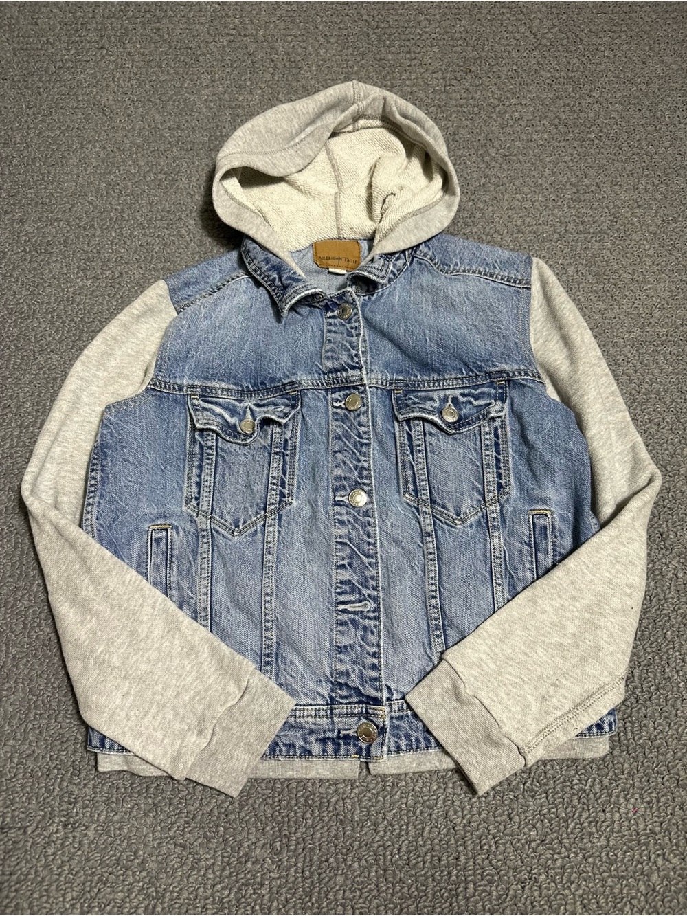 American Eagle Denim Hooded Jacket with Gray Sleeves Size Small